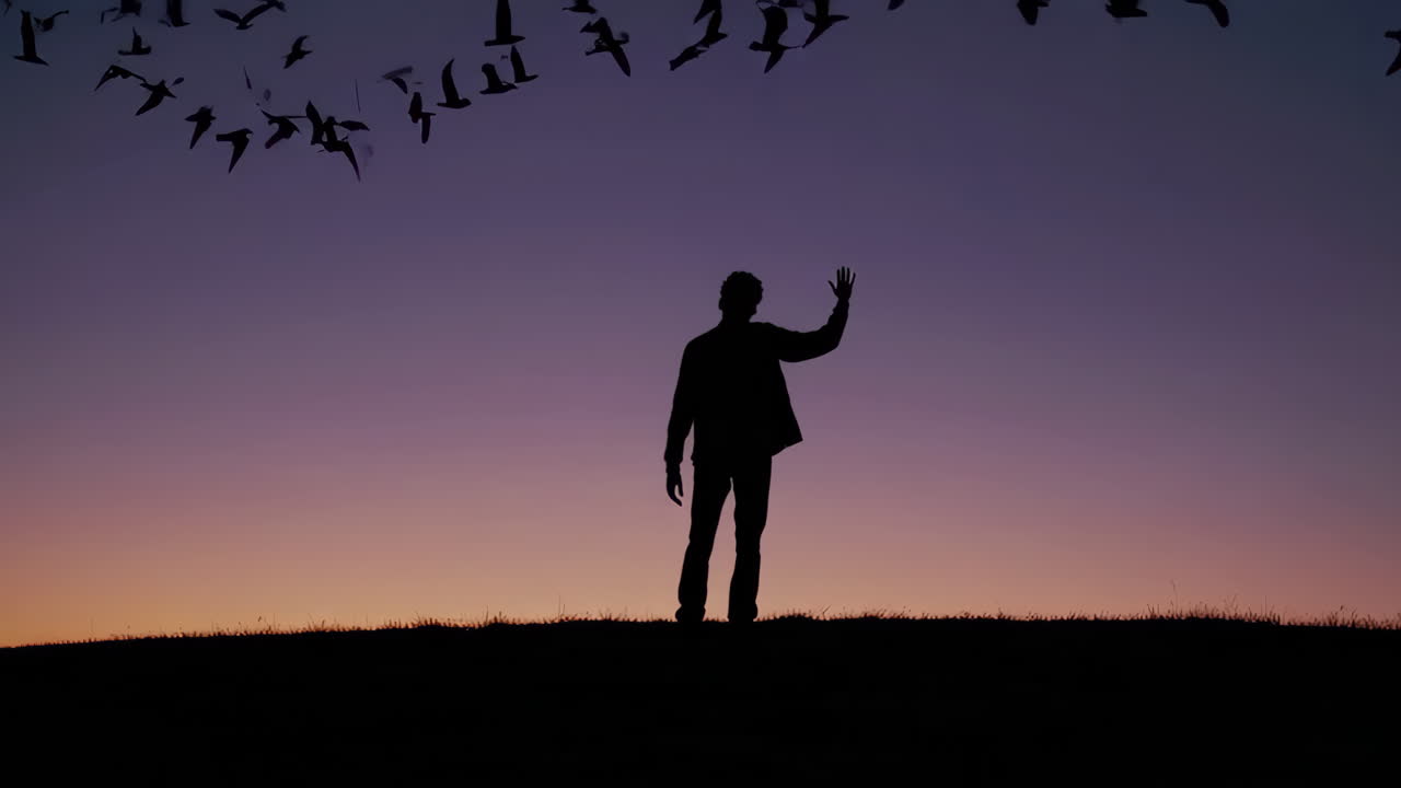 Silhouette of a man waving at sunset with birds flying above