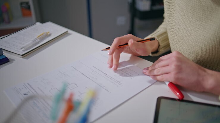 Student hands writing homework home desk closeup. Woman studying at class room