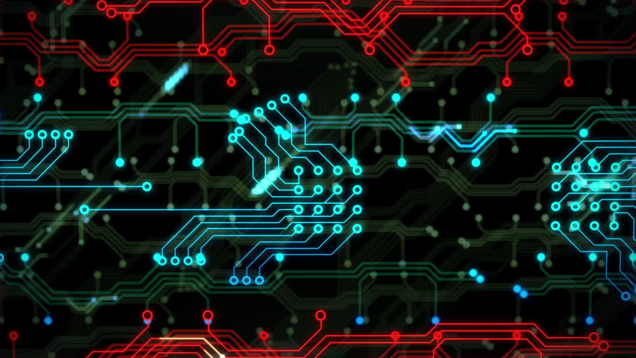 placa de circuitos eléctricos coloridos con microchips. animación de procesamiento de datos. fondo en bucle futurista
