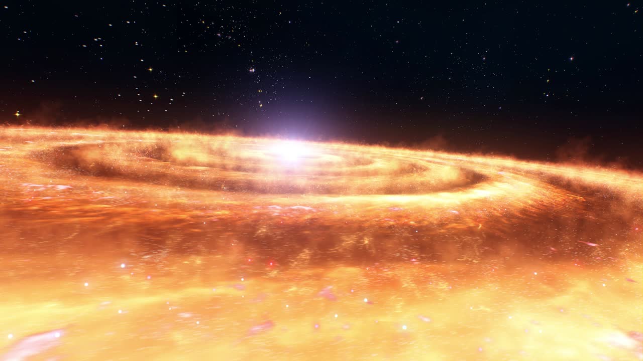 Traveling through the golden red flaming disc galaxy