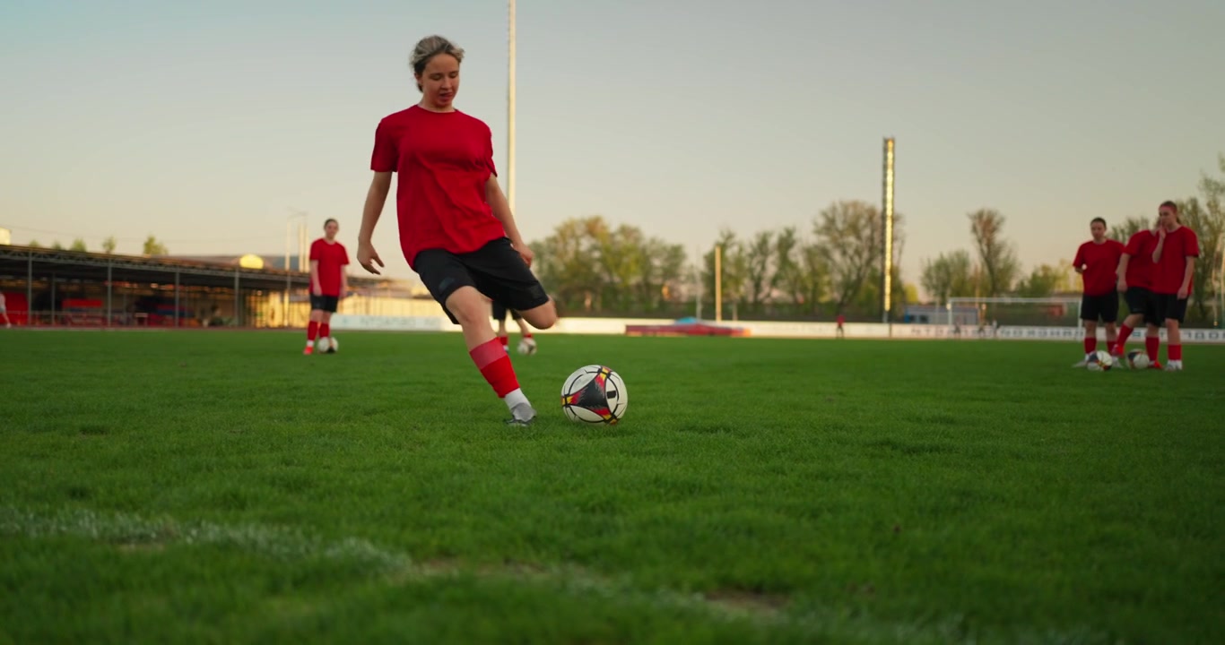 Jugadora de fútbol chutando el balón en un campo verde durante el entrenamiento