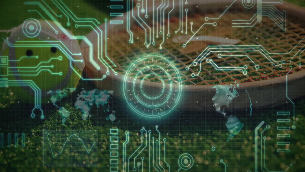 Tennis ball nesting in racket strings while circuits projecting hologram data charts on grass court