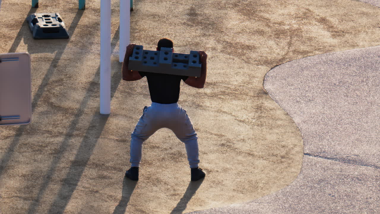 Man doing squats with a construction block on the beach