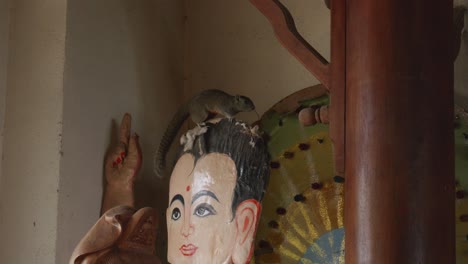 squirrel perched on top of buddha statue's head