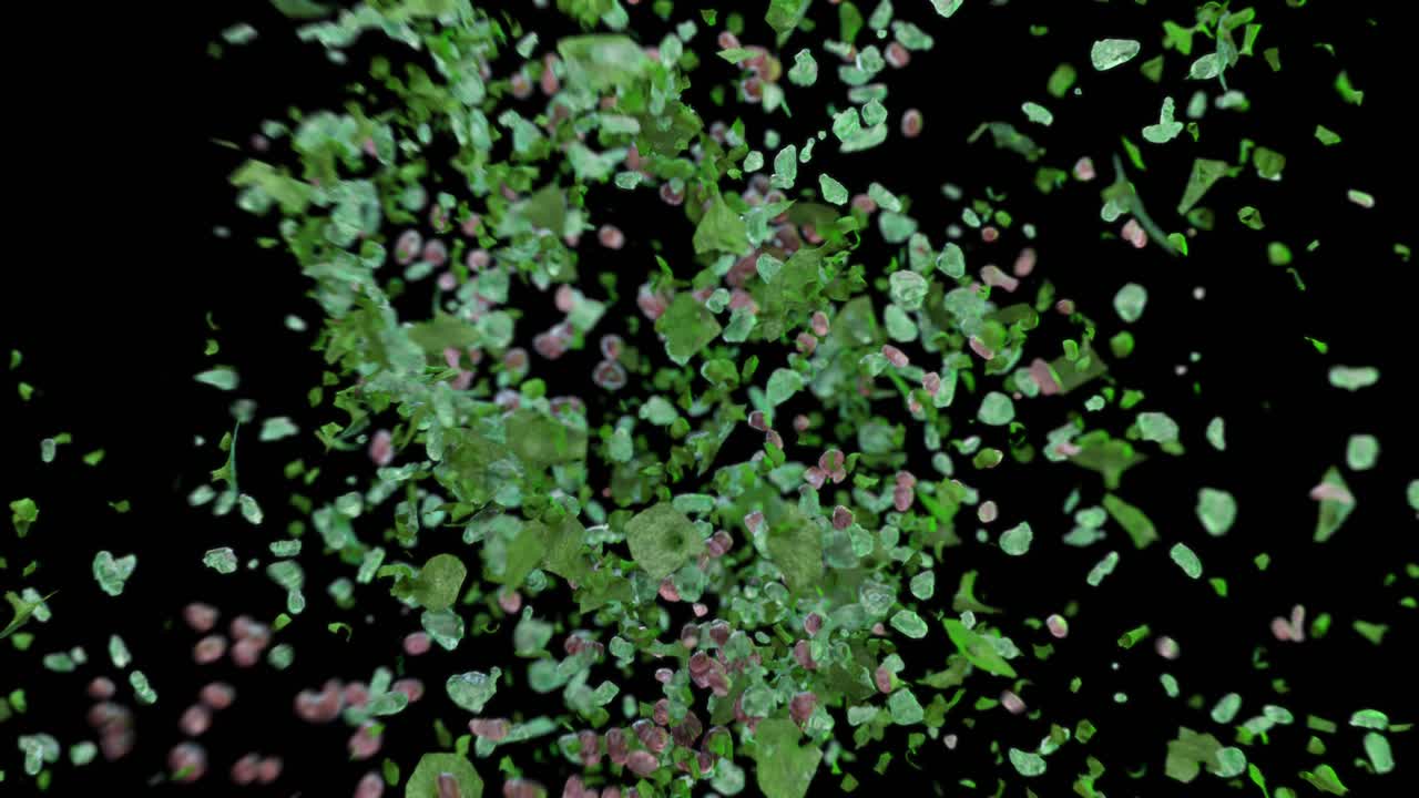 검은색 배경에 녹색 코로나 바이러스의 조각에 대한 폭발