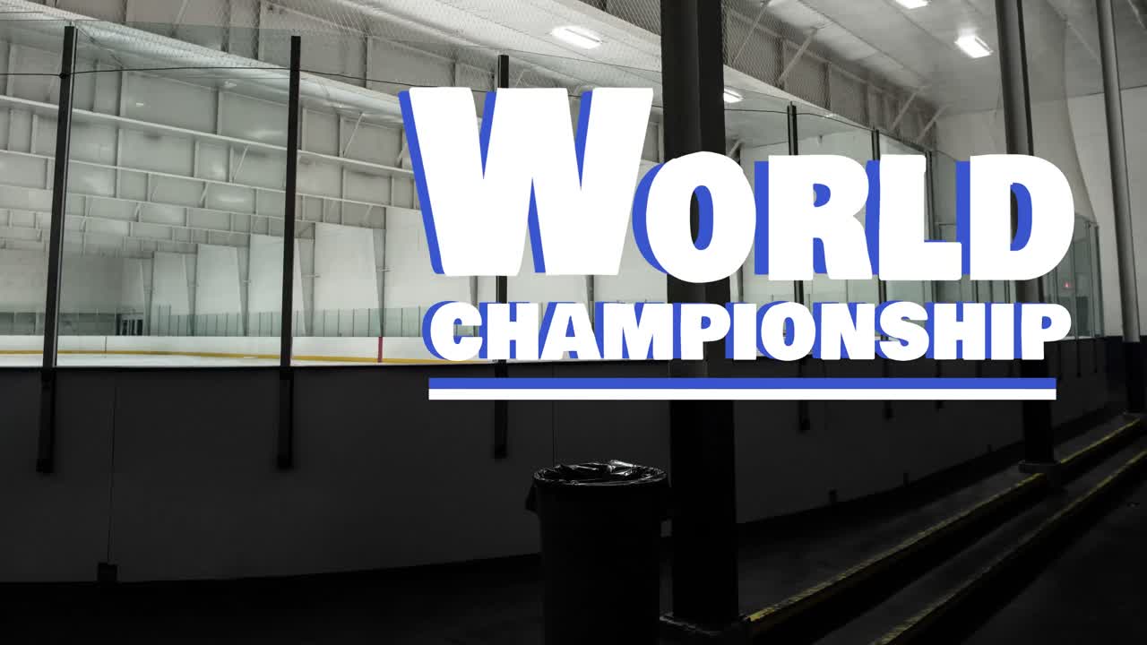 Animazione della scritta campionato mondiale su una pista di hockey su ghiaccio