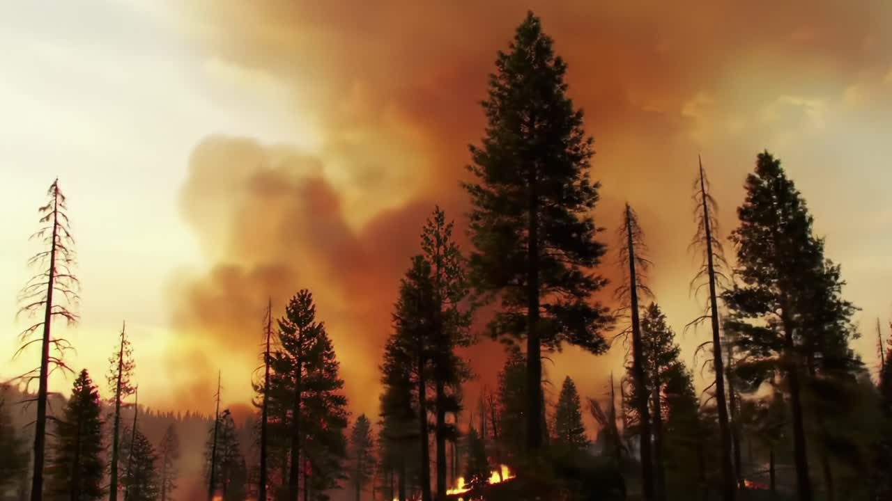 Wildfire Engulfs Forest Area in California During Sunset, Creating Dramatic Sky and Thick Smoke