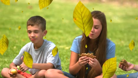 Animación-De-Hojas-De-Otoño-Cayendo-Sobre-Una-Feliz-Familia-Afroamericana-En-El-Parque