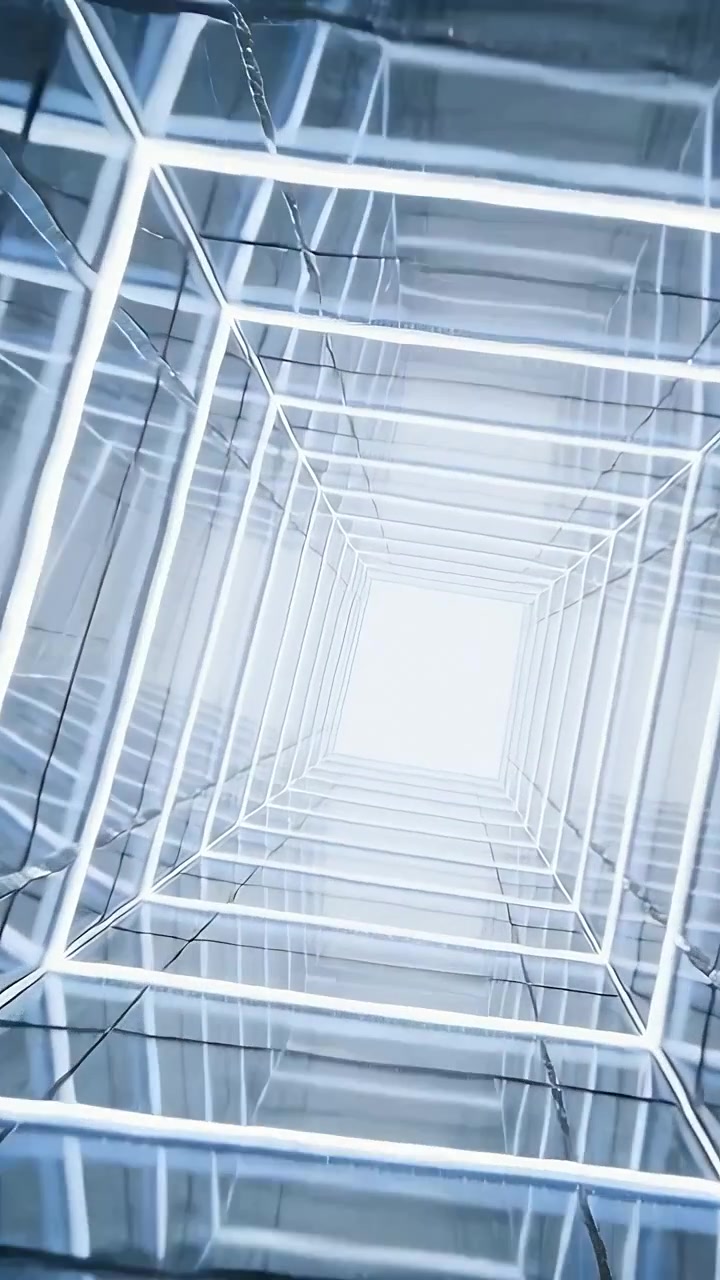 Vertical video: Tilting camera showing lit light well, frames, glass, rods drawing toward skylight
