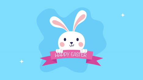 feliz tarjeta animada de pascua con conejo y cinta