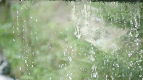 Gotas-De-Agua-Que-Gotean-De-Un-Tablón-De-Madera-De-Un-Molino-Histórico-Con-Un-Bosque-Borroso-Y-Un-Arroyo-En-El-Fondo