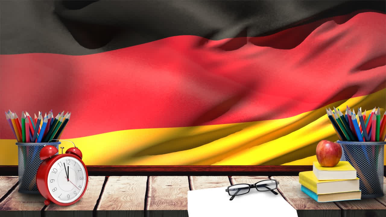 Bandiera della Germania che sventola dietro un tavolo di legno