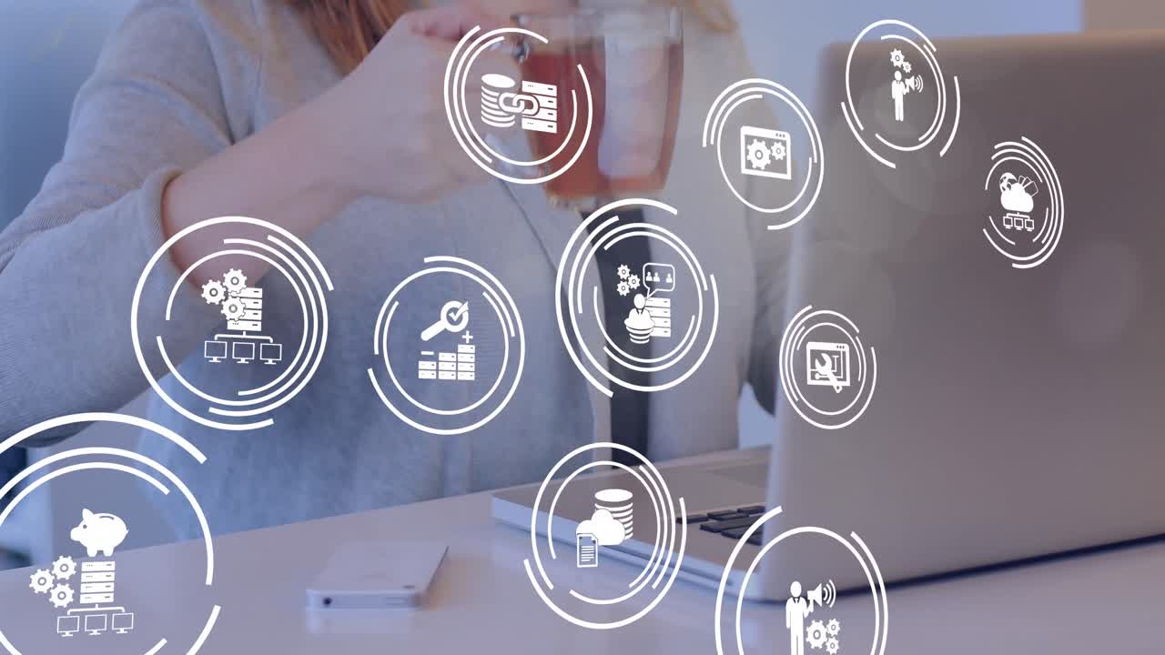 animación de una red de iconos sobre una mujer de negocios caucásica usando una computadora portátil