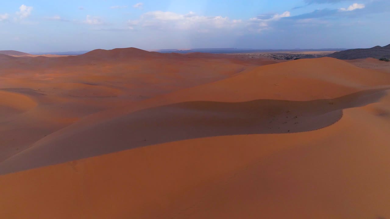 Cinematic aerial flyover endless Sand Dunes in Merzouga Desert,Morocco during sunny day
