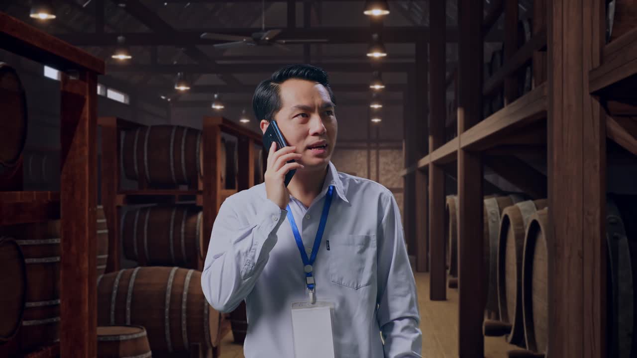 Asian Male Professional Worker Standing In Cellar Of Winery, He Pick The Phone Up And Started To Speaking With It