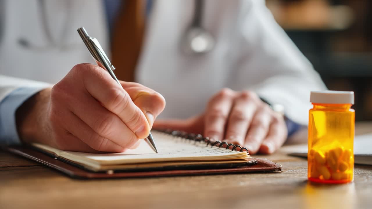 A Focused Physician Documenting Patient Information and Prescriptions in a Notepad, Highlighting the Importance of Assessment and Care in Healthcare Settings