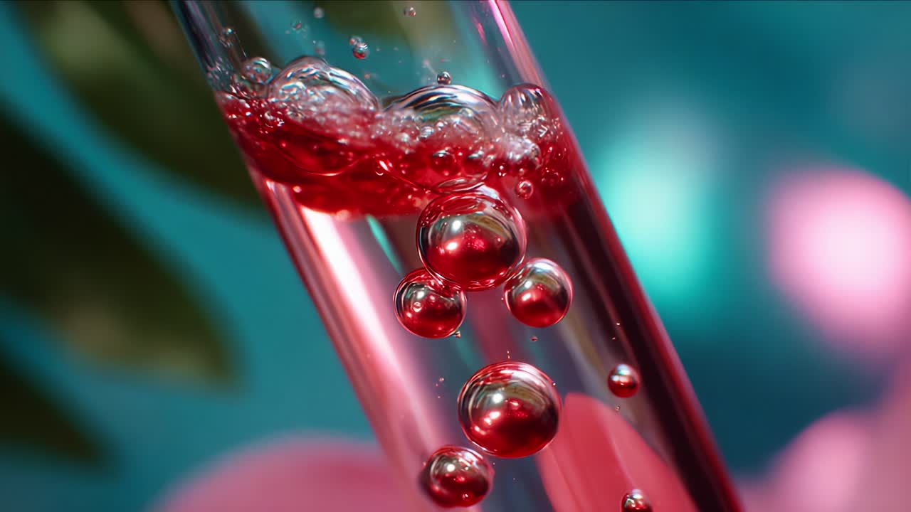 A Stunning Close-Up View of Bubbles and Liquid in a Test Tube with Vibrant Background, Highlighting the Interaction Between Red Liquid and Air, Creating an Eye-Catching Visual Effect