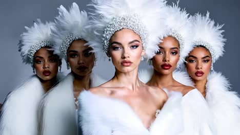 a group of women wearing white fur coats and headpieces