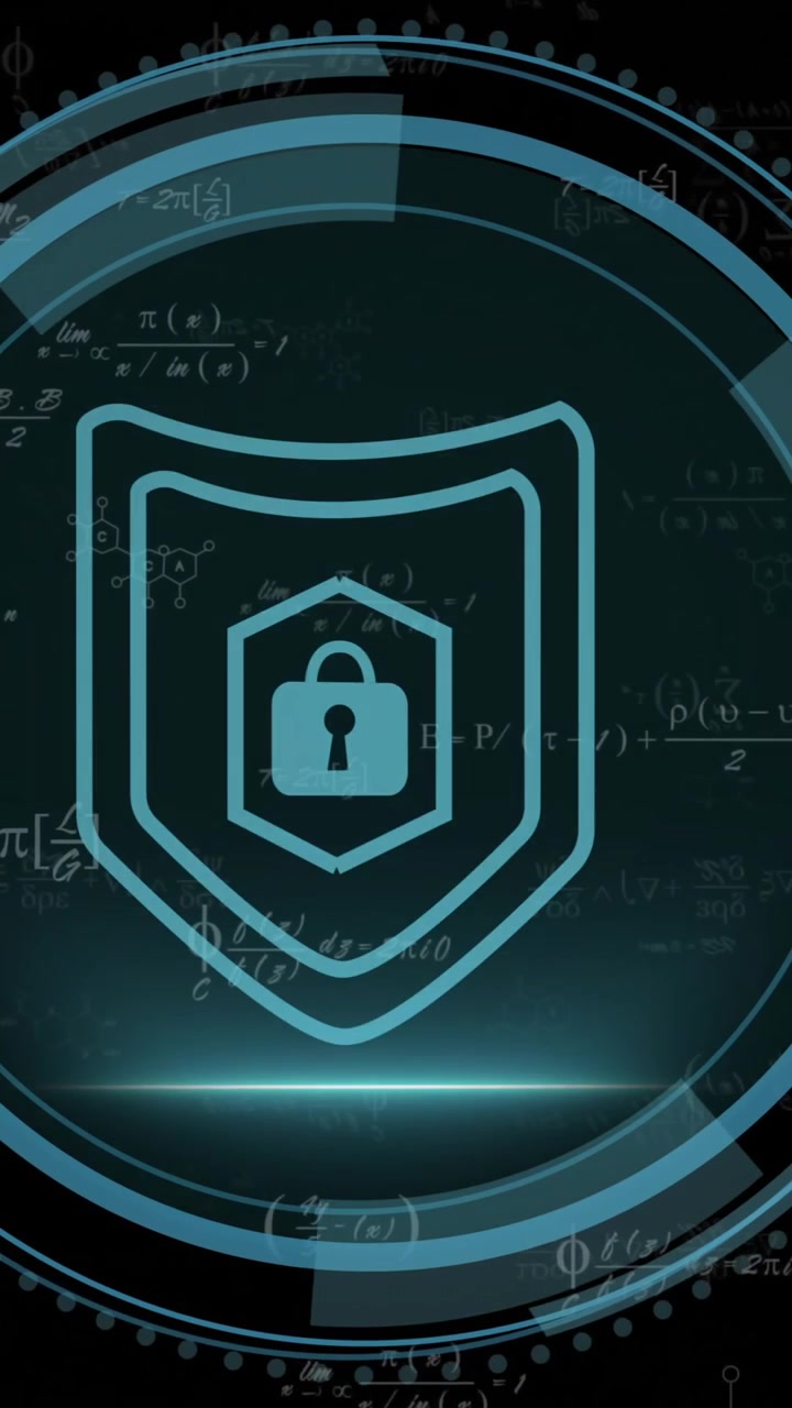 Cybersecurity shield with lock icon animation over mathematical equations on dark background