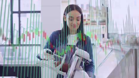 animation of numbers and data processing over biracial woman working in shop