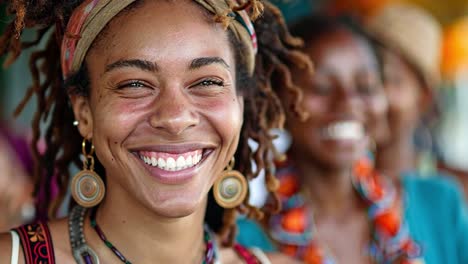 smiling woman with dreadlocks and bohemian style