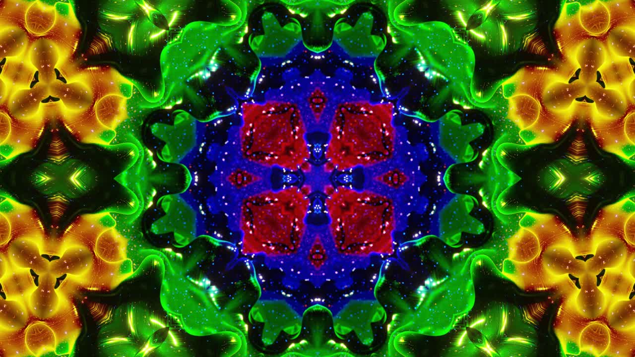 efecto caleidoscopio con ondas abstractas. estructuras 3d simétricas abstractas como el caleidoscope líquido en animación en bucle, gradientes de color suaves con brillo brillante. hermoso patrón 3d abstracto bg. dof