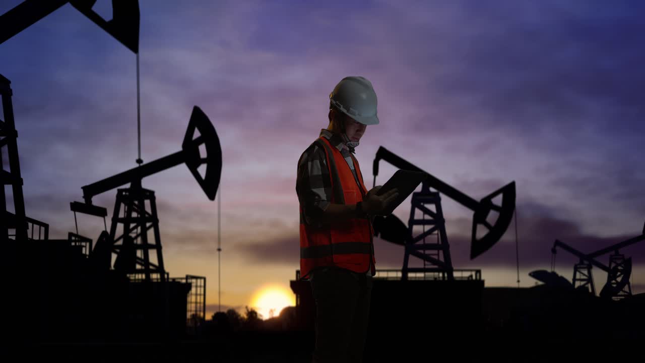 vista lateral de un ingeniero masculino asiático con casco de seguridad trabajando en una tableta mientras está de pie frente a las bombas de aceite, durante la puesta o salida del sol