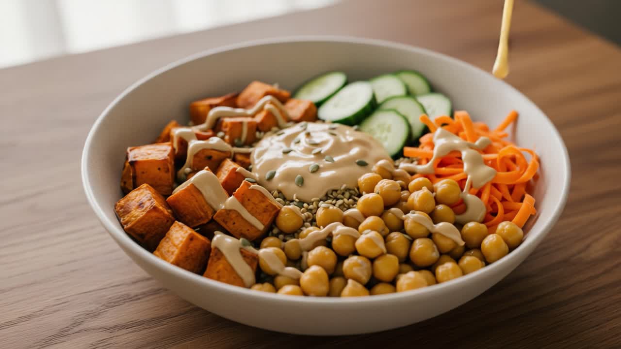 A Colorful and Nutritious Bowl of Plant-Based Ingredients Featuring Tofu, Chickpeas, Carrots, Cucumbers, and a Creamy Dressing for a Healthy Meal Option