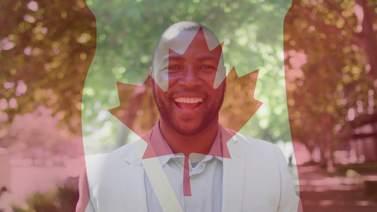 Man under trees, camera rolling, smiling then laughing with Canadian flag overlay for marketing