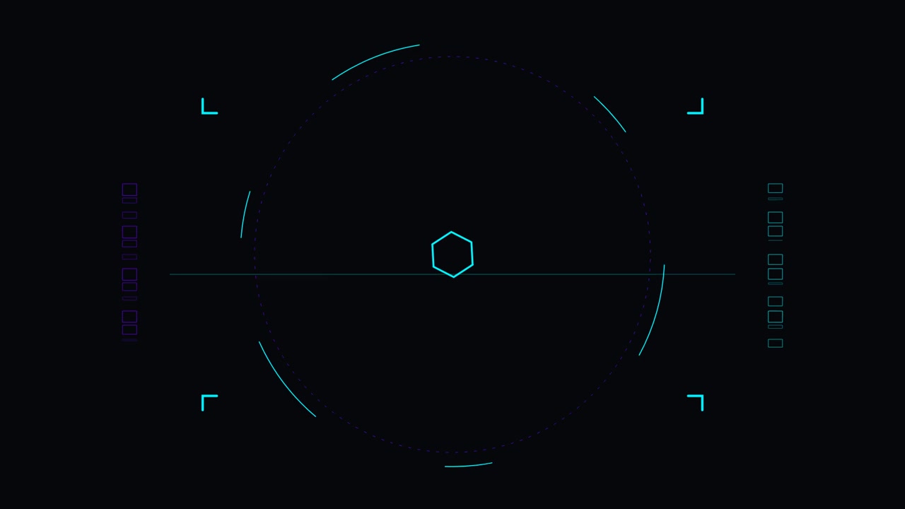 Futuristic Digital HUD Interface with Rotating Hexagon and Scanning Lines