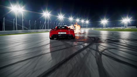 red sports car drifting on a race track at night with smoke and fire