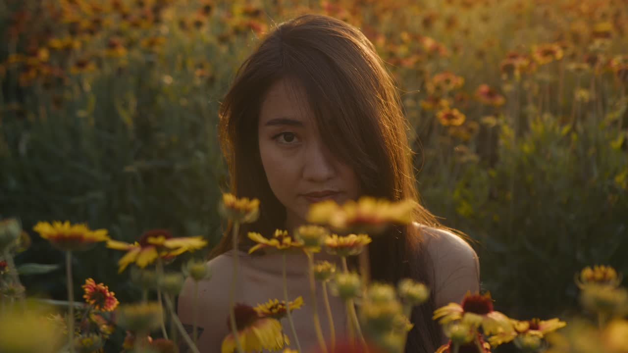 해가 지는 꽃에 있는 여자