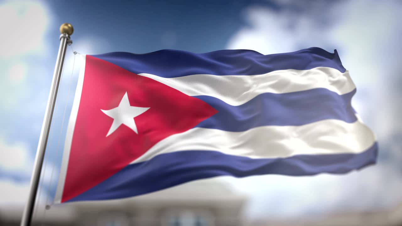 Bandiera di Cuba che sventola al rallentatore, rendering 3D, sfondo cielo blu - Loop continuo 4K