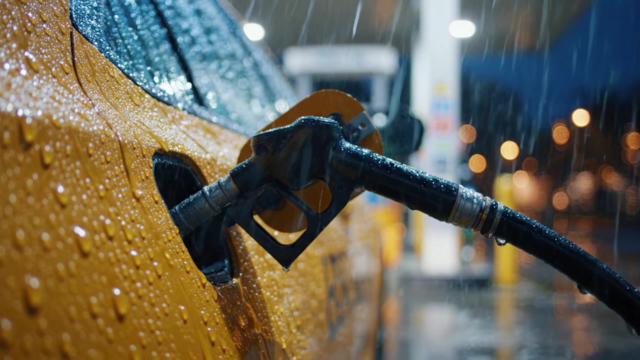 Refueling in the Rain: A Close-Up of a Fuel Pump and a Yellow Taxi Cab Underwet Conditions at a Gas Station