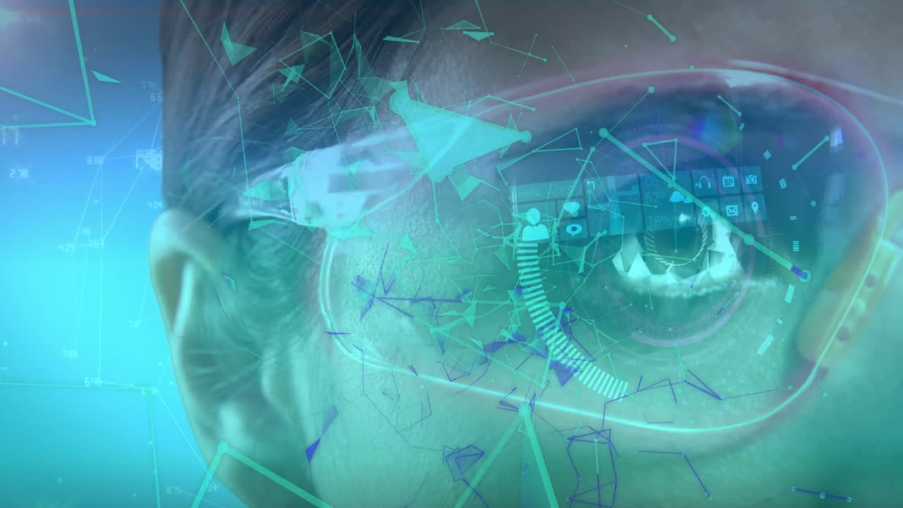 Animation of data processing with network of connections over woman's eye
