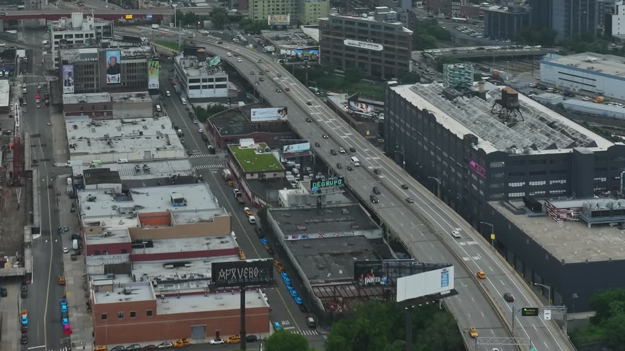 Bird's eye view of bustling New York streets and highways in daytime