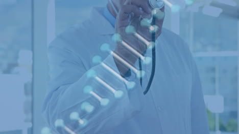 animation of dna strand spinning over male doctor holding stethoscope
