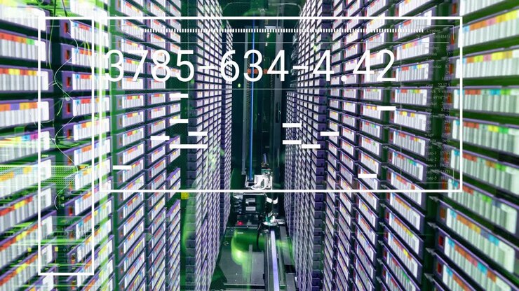 Animation of interface with data processing against computer server room