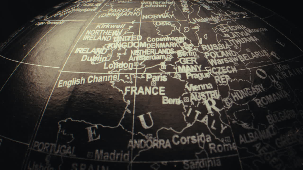 Close-up of a vintage world map, focusing on Europe