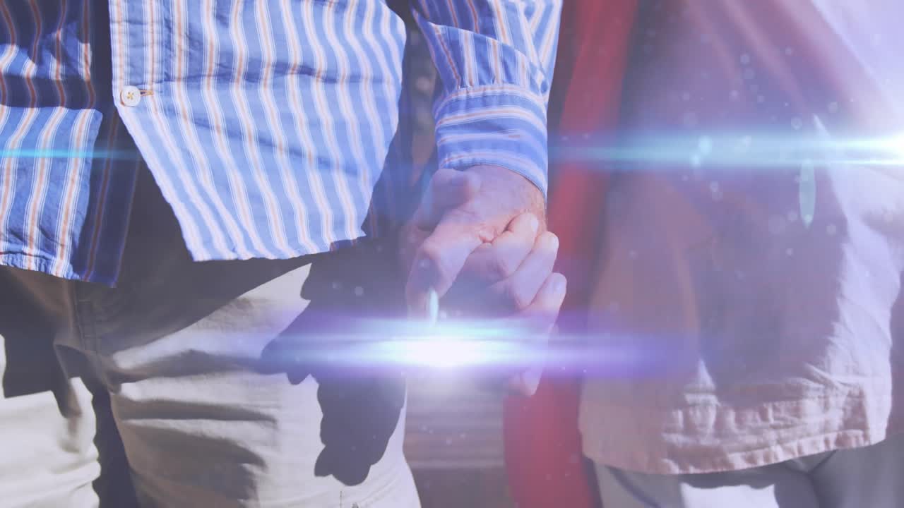 animación de la luz que se mueve sobre la sección media de la pareja mayor caminando en el parque tomados de la mano