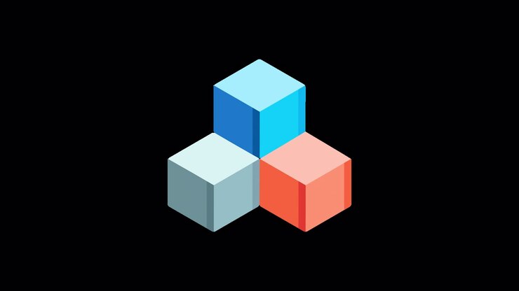 Animated Three Colorful Cubes Assembling on Black Background