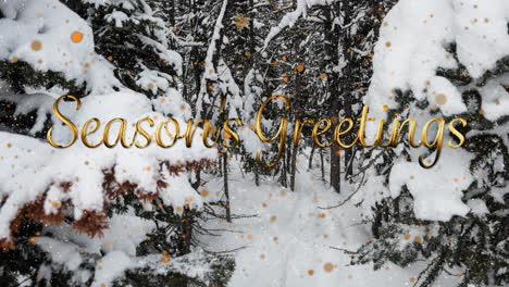 animation of christmas greetings over golden falling dots and winter landscape