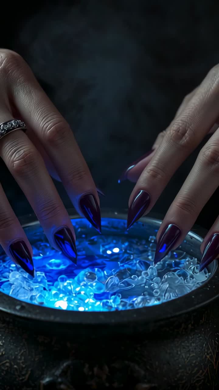 Vertical video: Hovering hands over cauldron causing glow of blue crystals, stirring revealing core