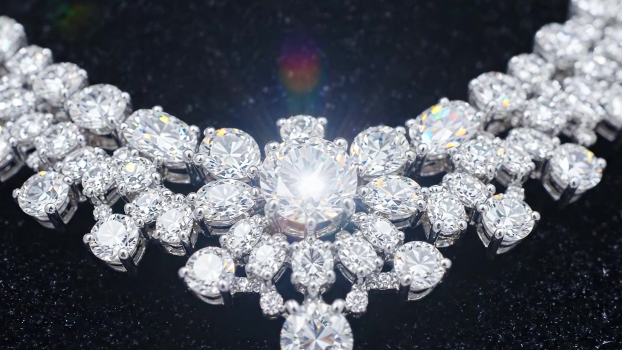 Squisita collana di diamanti che sfoggia una brillantezza radiosa e una maestria artigianale, sotto una luce soffusa su uno sfondo scuro.