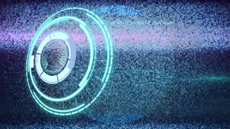 animación de escáner redondo de neón y globo giratorio contra la televisión efecto estático en fondo azul