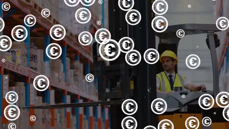 animation of euro symbols over caucasian male worker using forklift truck in warehouse