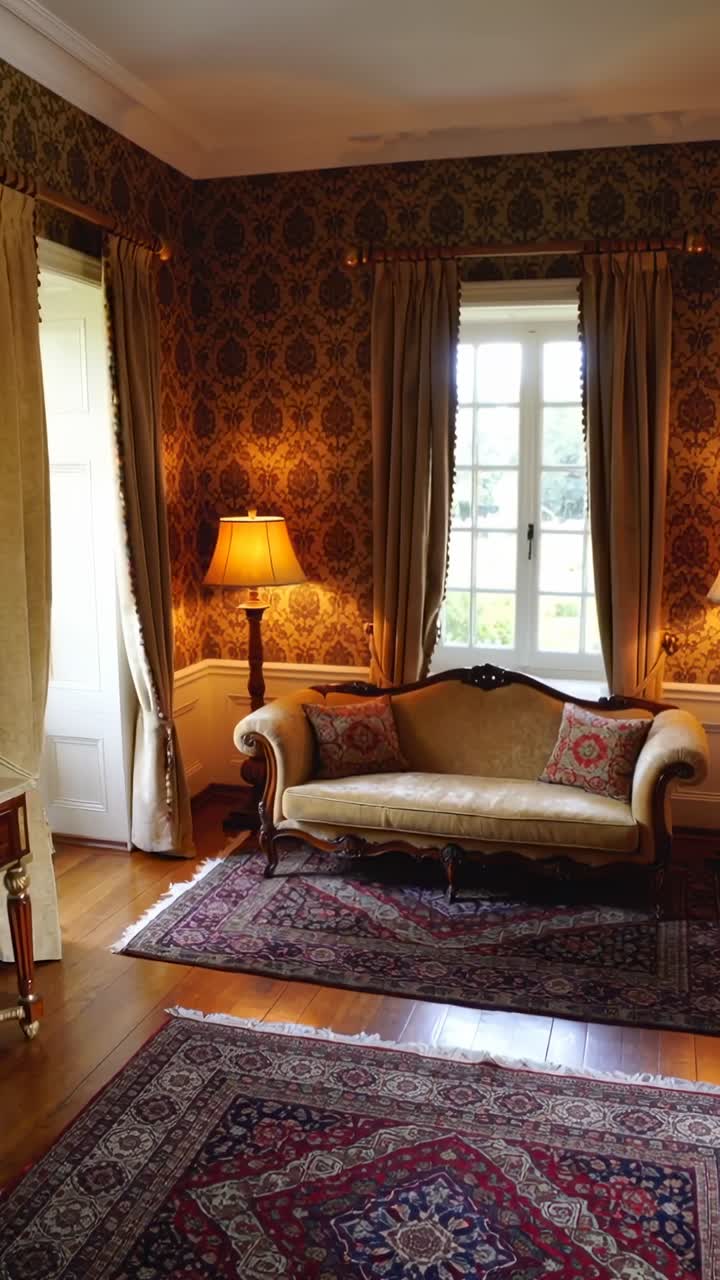 Vertical video: Panning camera revealing loveseat, pillows, lit lamp in parlor, showing details