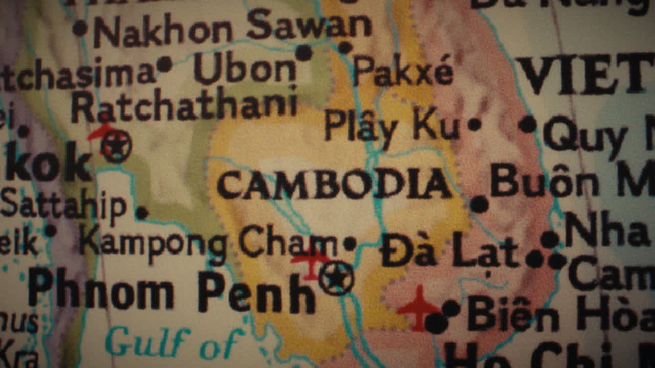 Close-up of a map displaying Cambodia and neighboring Southeast Asian countries
