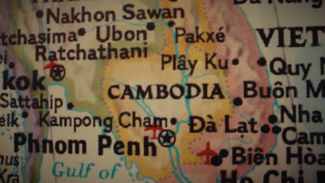 close-up of a map displaying cambodia and neighboring southeast asian countries