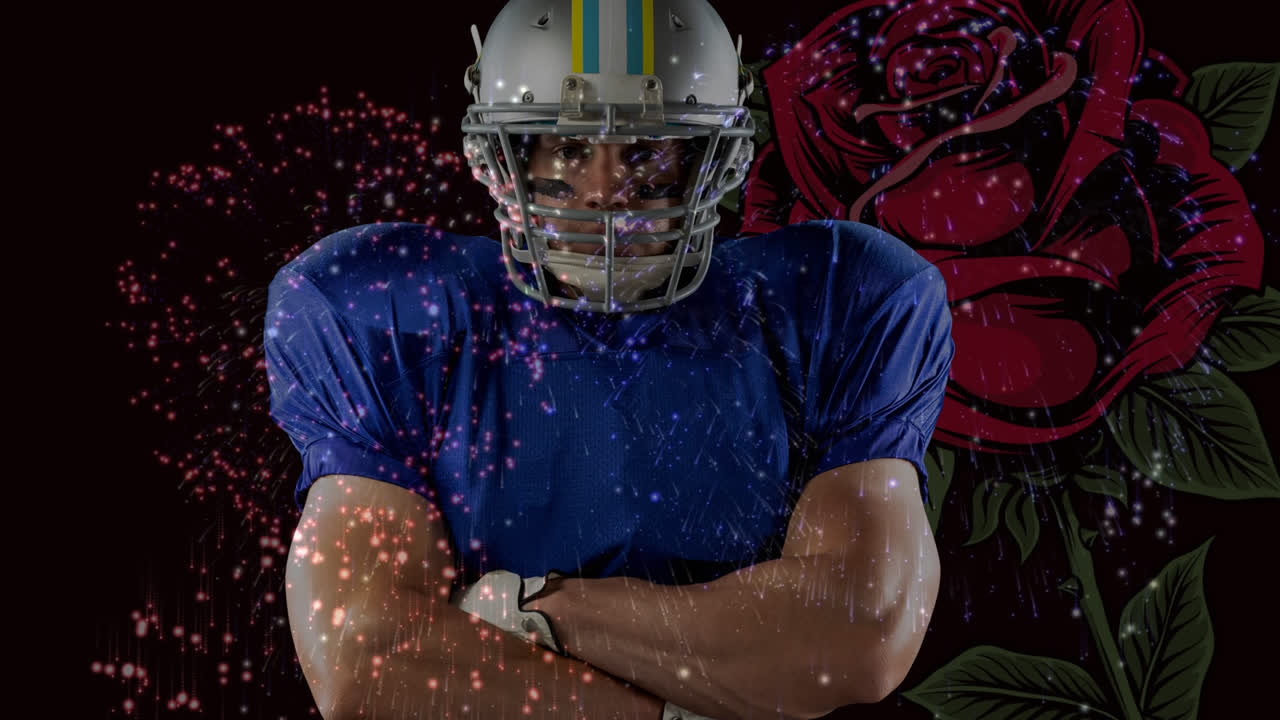 Animación de jugador de fútbol americano sobre fuegos artificiales y una rosa en un fondo negro